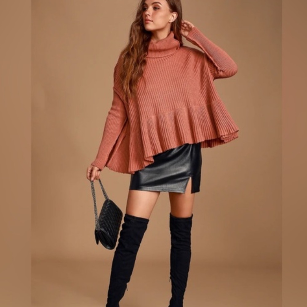 Free People Layer Cake Cowl Neck Peplum Rusty Rose Terracotta Knit Sweater - Picture 11 of 12